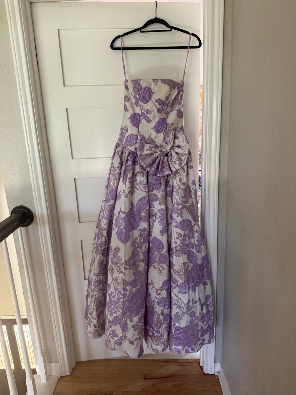 Strapless Lilac Floral Prom Dress with Decorative Bow